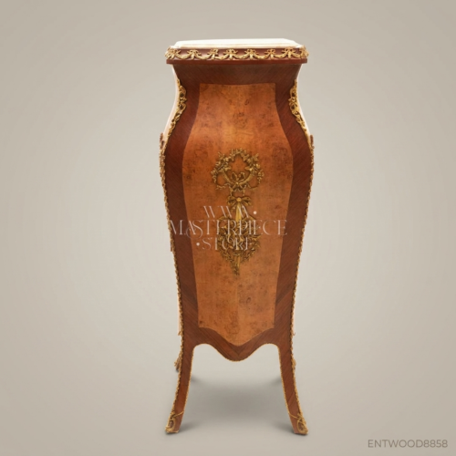 Napoleon III Burr Walnut Pedestal Column Ormolu Mounts White Marble Top Brass and Wood Front View | Brass & Wood