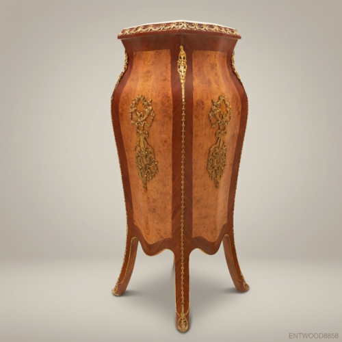 Napoleon III Burr Walnut Pedestal Column Ormolu Mounts White Marble Top Brass and Wood Front View | Brass & Wood