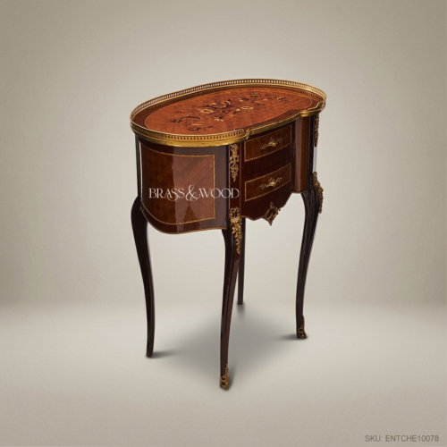 Napoleon III Kidney-Form Marquetry Side Table Pierced Brass Gallery Ormolu Mounts Cabriole Legs Front View | Brass & Wood
