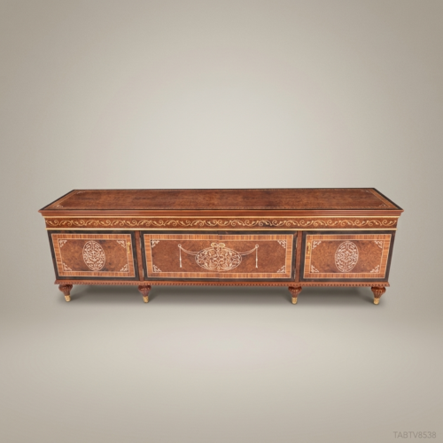 Napoleon III Low TV Media Console Arabesque Marquetry Inlay Panels Gilt Carved Feet Brass and Wood Front View | Brass & Wood