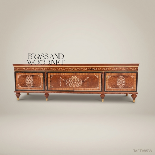 Napoleon III Low TV Media Console Arabesque Marquetry Inlay Panels Gilt Carved Feet Brass and Wood Front View | Brass & Wood