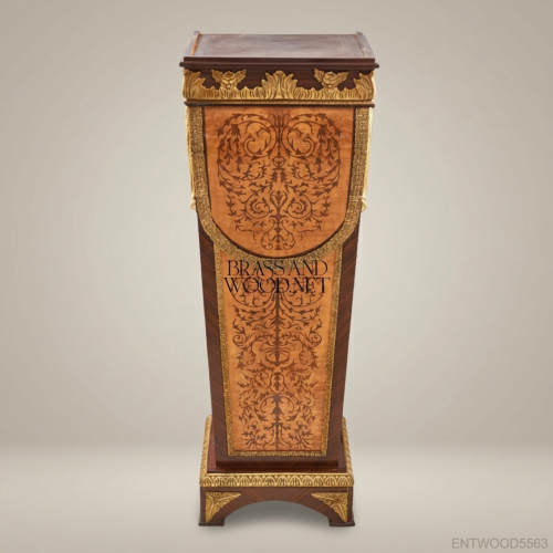 Napoleon III Marquetry Display Pedestal Column Gilt Bronze Ormolu Mounts Solid Wood Front View | Brass & Wood