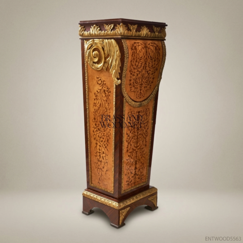 Napoleon III Marquetry Display Pedestal Column Gilt Bronze Ormolu Mounts Solid Wood Front View | Brass & Wood