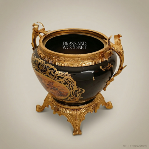 Napoleon III Rococo Revival Black Ceramic Jardinière Gilt Bronze Mounts Floral Cartouche Pedestal Stand Brass and Wood Front View | Brass & Wood