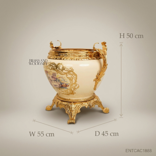 Napoleon III Rococo Revival Ceramic Jardinière Gilt Brass Mounts Floral Cartouche Brass and Wood Front View | Brass & Wood