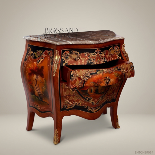 Napoleon III Rococo Revival Hand-Painted Bombé Commode Marble Top Gold Brass Mounts Brass and Wood Front View | Brass & Wood