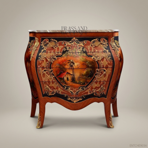 Napoleon III Rococo Revival Hand-Painted Bombé Commode Marble Top Gold Brass Mounts Brass and Wood Front View | Brass & Wood