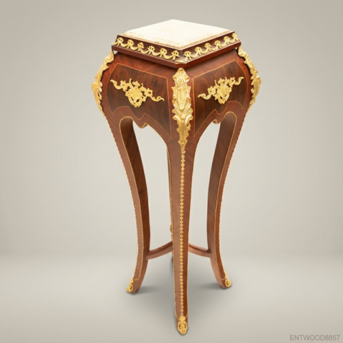Napoleon III Rococo Revival Marquetry Pedestal Stand Gilt Bronze Ormolu Mounts Marble Top Four Cabriole Legs Front View | Brass & Wood