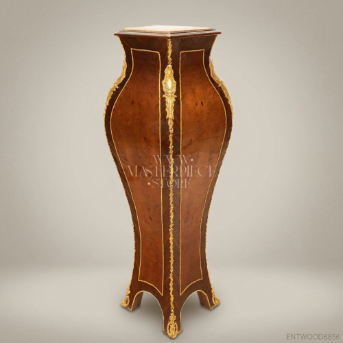 Napoleon III Rococo Revival Burl Wood Pedestal Column Gilt Bronze Mounts Marble Top Brass and Wood Side View | Brass & Wood