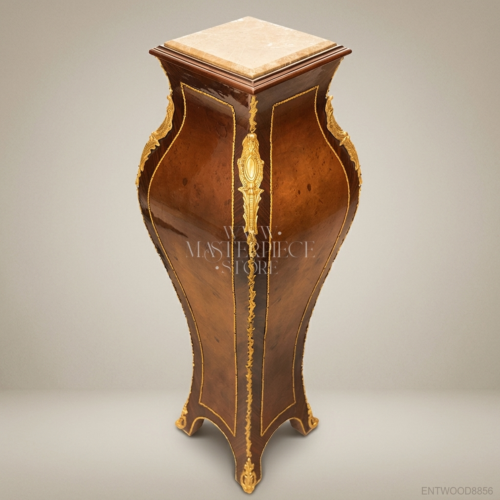 Napoleon III Rococo Revival Burl Wood Pedestal Column Gilt Bronze Mounts Marble Top Brass and Wood Side View | Brass & Wood