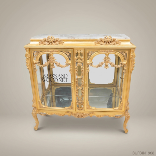 Napoleon III Rococo Revival Heavily Gilded Vitrine Marble Top Floral Swag Carved Glass Display Cabinet Cabriole Legs Brass and Wood Front View | Brass & Wood
