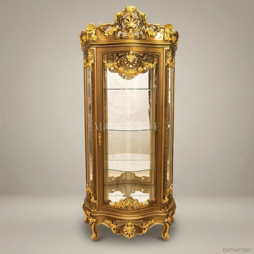 Napoleon III Rococo Revival Heavily Gilded Vitrine Carved Mascaron Crown Cabriole Legs Gold Display Cabinet Front View | Brass & Wood