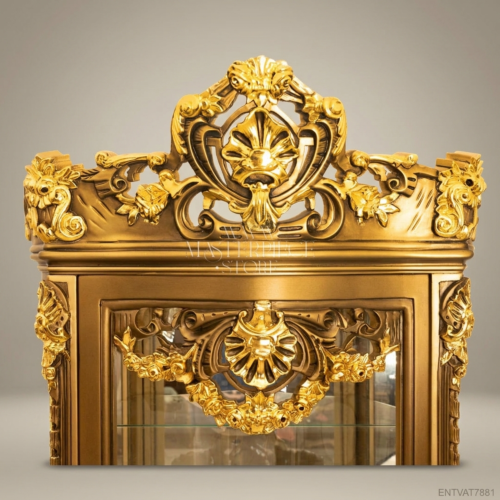 Napoleon III Rococo Revival Heavily Gilded Vitrine Carved Mascaron Crown Cabriole Legs Gold Display Cabinet Front View | Brass & Wood