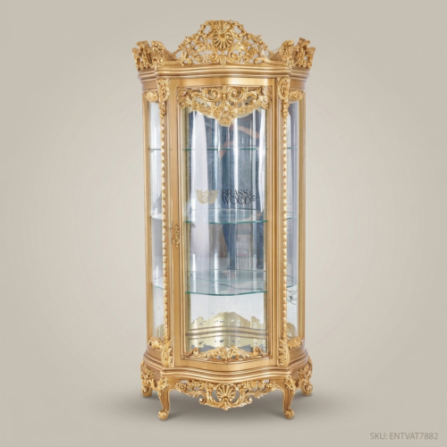 Napoleon III Rococo Revival Gold Gilded Single-Door Display Vitrine Heavily Carved Solid Wood Glass Shelves Front View | Brass & Wood