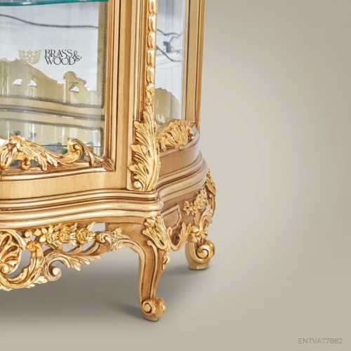 Napoleon III Rococo Revival Gold Gilded Single-Door Display Vitrine Heavily Carved Solid Wood Glass Shelves Front View | Brass & Wood