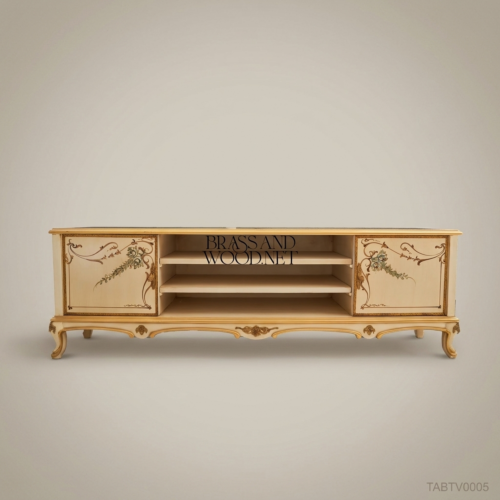 Napoleon III Rococo Revival Hand-Painted Ivory Lacquer TV Cabinet Gold Cabriole Legs Floral Scrollwork Brass and Wood Front View | Brass & Wood