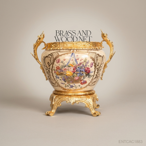 Napoleon III Rococo Revival Hand-Painted Porcelain Cachepot Gilt Bronze Dragon Handles Floral Basket Motif Front View | Brass & Wood