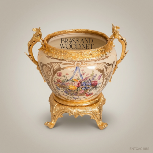 Napoleon III Rococo Revival Hand-Painted Porcelain Cachepot Gilt Bronze Dragon Handles Floral Basket Motif Front View | Brass & Wood