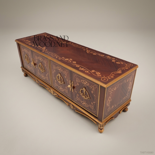 Napoleon III Rococo Revival TV Cabinet Gilt Marquetry Inlay Fleur-de-Lys Brass Handles Mahogany Front View | Brass & Wood