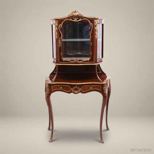 Napoleon III Rococo Revival Mahogany Vitrine Cabinet on Cabriole Stand with Gilt Bronze Ormolu Mounts Glass Door Front View | Brass & Wood