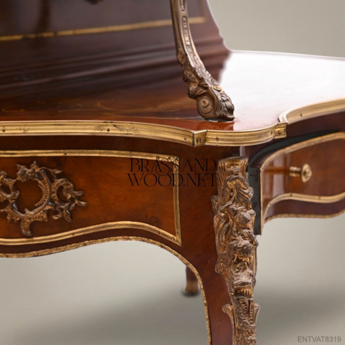 Napoleon III Rococo Revival Mahogany Vitrine Cabinet on Cabriole Stand with Gilt Bronze Ormolu Mounts Glass Door Front View | Brass & Wood