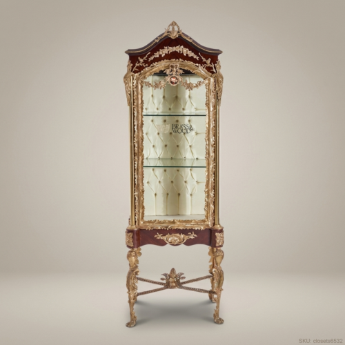 Napoleon III Rococo Revival Mahogany Vitrine Antique Gold Carved Figural Legs Capitonne Interior Brass and Wood Front View | Brass & Wood