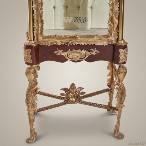 Napoleon III Rococo Revival Mahogany Vitrine Antique Gold Carved Figural Legs Capitonne Interior Brass and Wood Front View | Brass & Wood
