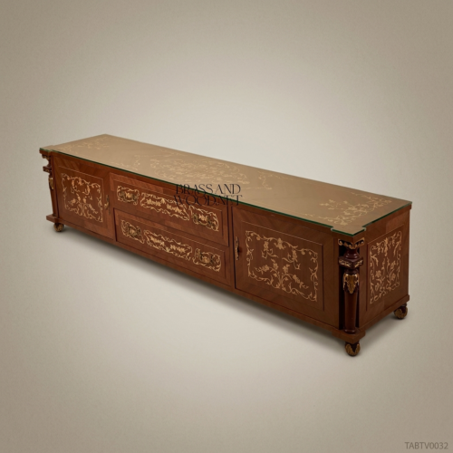 Napoleon III Rococo Revival TV Cabinet Gold Arabesque Marquetry Cherry Wood Glass Top Brass and Wood Front View | Brass & Wood