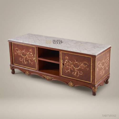 Napoleon III Rococo Revival TV Cabinet Mahogany Burl Gold Acanthus Marquetry White Marble Top Brass & Wood Front View | Brass & Wood