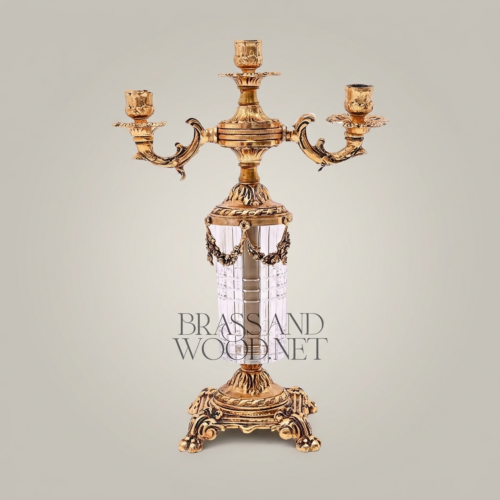 Neoclassical 3-Arm Brass and Crystal Candelabra Fluted Column Floral Swag Mounts Gold Front | Brass & Wood
