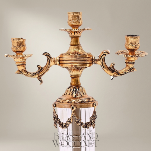 Neoclassical 3-Arm Brass and Crystal Candelabra Fluted Column Floral Swag Mounts Gold Front | Brass & Wood