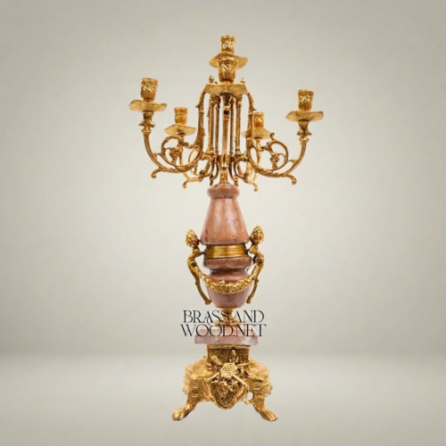 Neoclassical 5-Arm Brass Candelabra Rouge Marble Column Ormolu Mounts Brass and Wood Gold Front | Brass & Wood