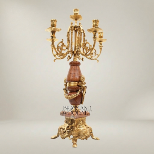 Neoclassical 5-Arm Brass Candelabra Rouge Marble Column Ormolu Mounts Brass and Wood Gold Front | Brass & Wood