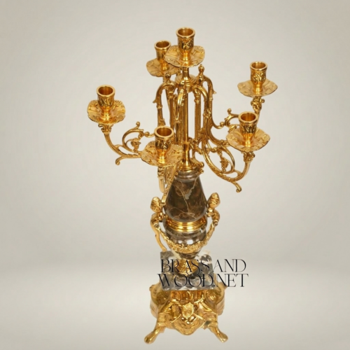 Neoclassical 7-Arm Brass and Marble Candelabra with Ornate Ormolu Foliate Base - Brass & Wood Gold Front | Brass & Wood