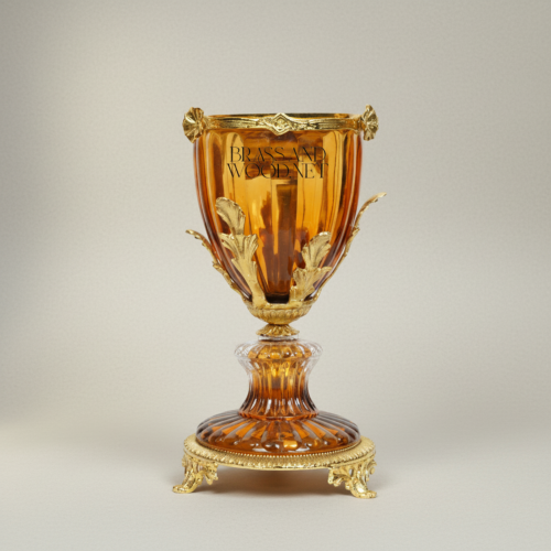 Neoclassical Amber Crystal Incense Burner Acanthus Brass Mounts Ornate Pedestal Brass and Wood Gold Front | Brass & Wood