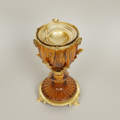 Neoclassical Amber Crystal Incense Burner Acanthus Brass Mounts Ornate Pedestal Brass and Wood Gold Front | Brass & Wood