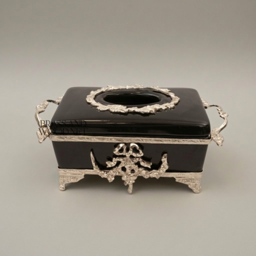 Neoclassical Black Ceramic Brass Tissue Box Floral Swag Mounts Ornate Feet Brass and Wood silver Front | Brass & Wood