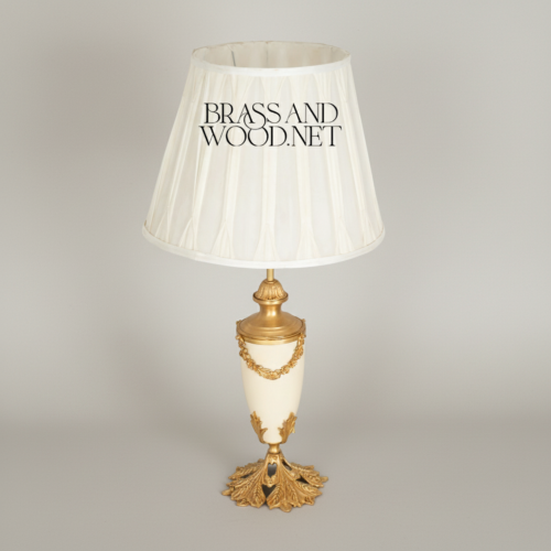 Neoclassical Handcrafted Brass Alabaster Urn Table Lamp Floral Garland Ivory Shade Brass and Wood Gold Front | Brass & Wood