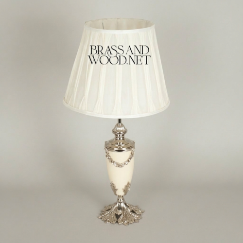 Neoclassical Handcrafted Brass Alabaster Urn Table Lamp Floral Garland Ivory Shade Brass and Wood Silver Front | Brass & Wood