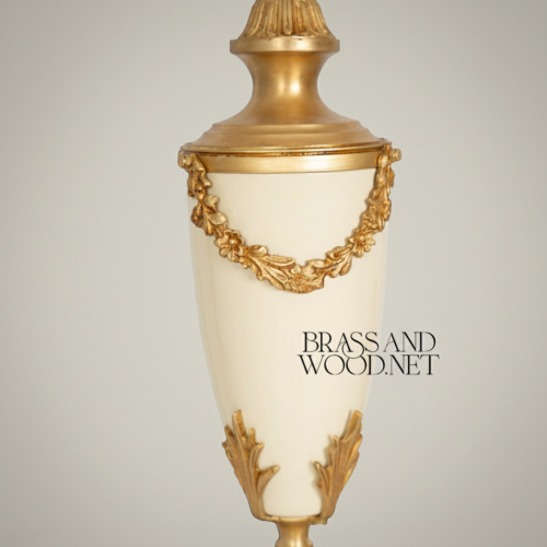 Neoclassical Handcrafted Brass Alabaster Urn Table Lamp Floral Garland Ivory Shade Brass and Wood Gold Front | Brass & Wood