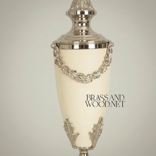 Neoclassical Handcrafted Brass Alabaster Urn Table Lamp Floral Garland Ivory Shade Brass and Wood Silver Front | Brass & Wood