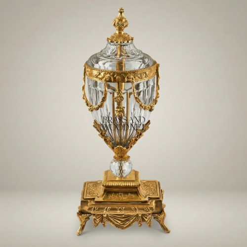 Neoclassical Covered Crystal Brass Urn Vase with Swag Festoon Mounts on Ornate Pedestal Base Gold Front | Brass & Wood