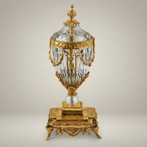 Neoclassical Covered Crystal Brass Urn Vase with Swag Festoon Mounts on Ornate Pedestal Base Gold Front | Brass & Wood