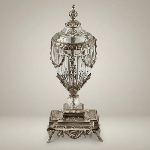 Neoclassical Covered Crystal Brass Urn Vase with Swag Festoon Mounts on Ornate Pedestal Base Silver Front | Brass & Wood