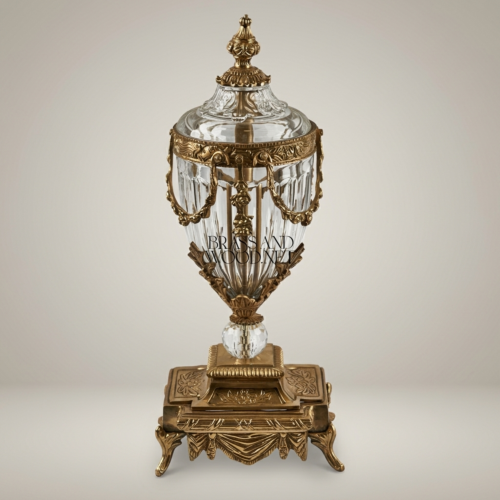 Neoclassical Covered Crystal Brass Urn Vase with Swag Festoon Mounts on Ornate Pedestal Base Antique Gold Front | Brass & Wood