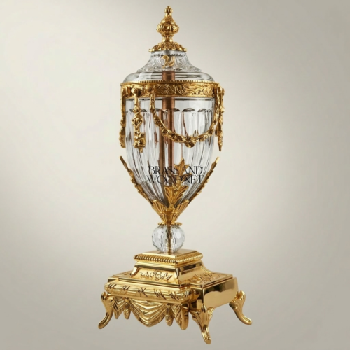 Neoclassical Covered Crystal Brass Urn Vase with Swag Festoon Mounts on Ornate Pedestal Base Gold Front | Brass & Wood