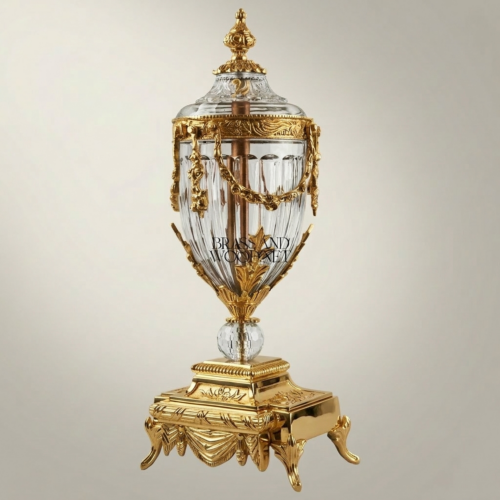 Neoclassical Covered Crystal Brass Urn Vase with Swag Festoon Mounts on Ornate Pedestal Base Gold Front | Brass & Wood