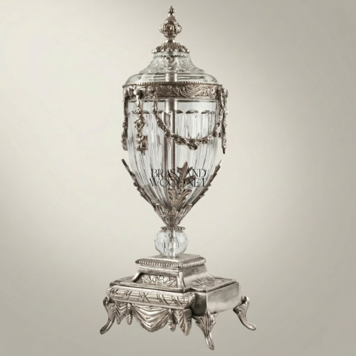 Neoclassical Covered Crystal Brass Urn Vase with Swag Festoon Mounts on Ornate Pedestal Base Silver Front | Brass & Wood