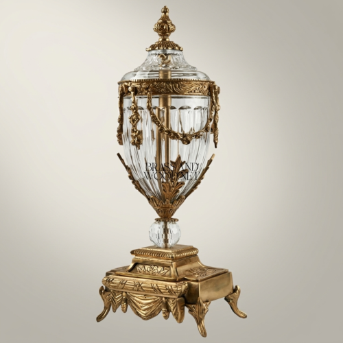 Neoclassical Covered Crystal Brass Urn Vase with Swag Festoon Mounts on Ornate Pedestal Base Antique Gold Front | Brass & Wood