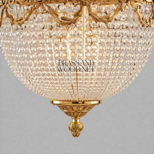 Neoclassical Brass Crystal Empire Basket Chandelier with Acanthus Crown Arms Brass and Wood Gold Front | Brass & Wood